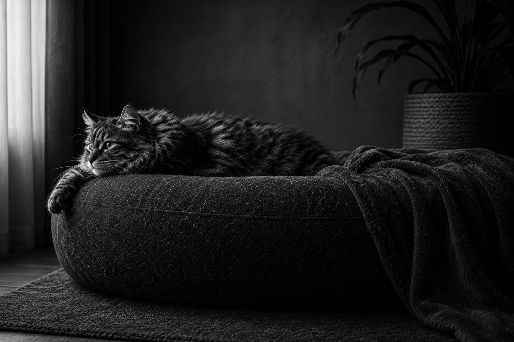 Gato en su cama junto a la ventana